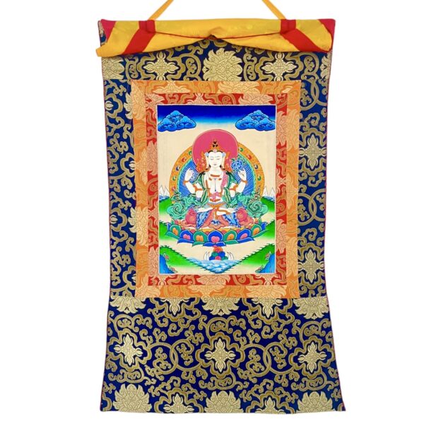 Thangka Chenrezig Brocado 56x82cm con fondo blanco